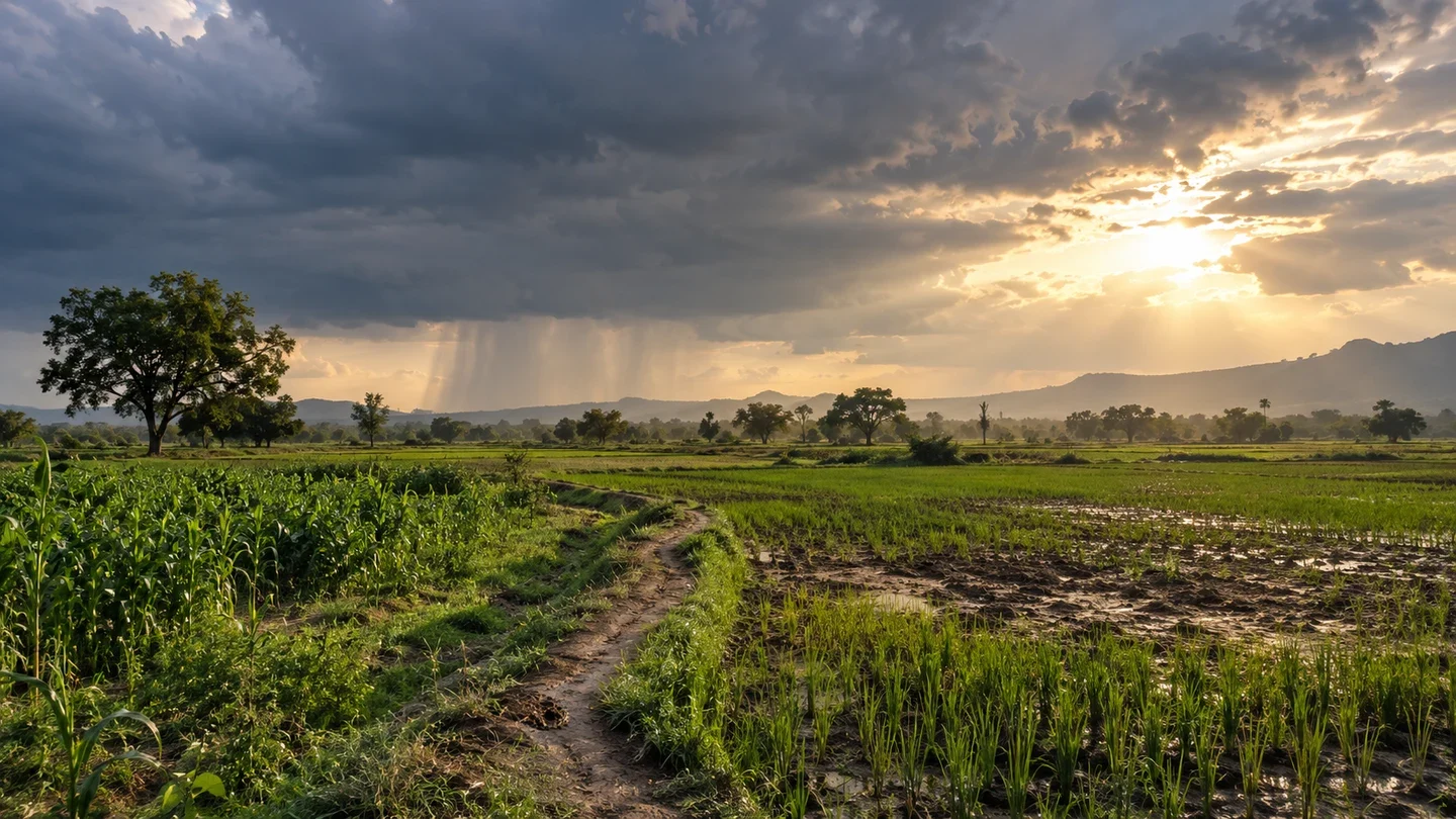 Illustrative view of green fields beneath heavy clouds, with rain in the distance and sunlight breaking through.