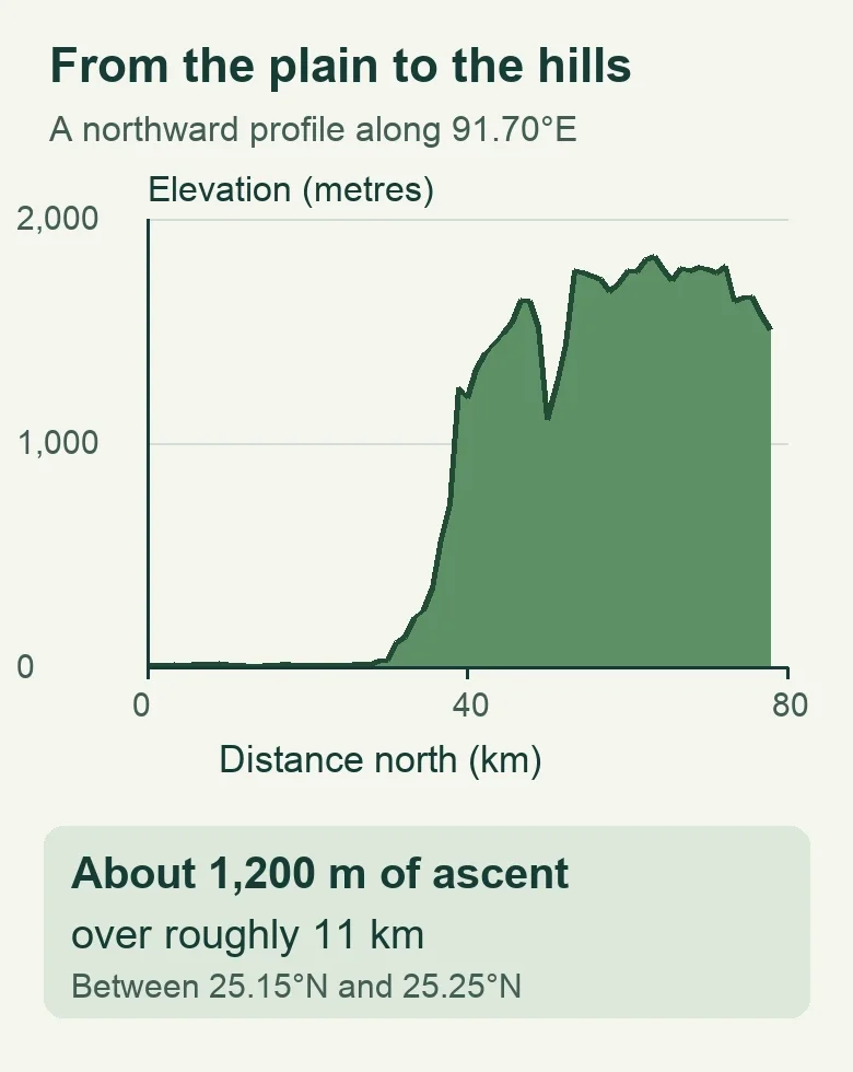 Terrain profile northward along 91.70°E: low ground rises from about 12 metres at 25.15°N to about 1,247 metres at 25.25°N, a distance of roughly 11 kilometres.