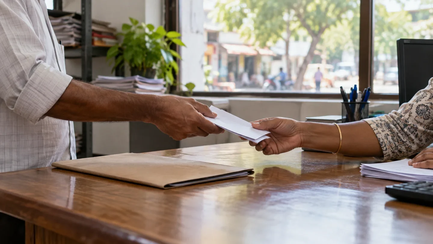 A hand passes an unmarked paper across a desk in a sunlit office, with a folder on the counter and trees visible through a window.