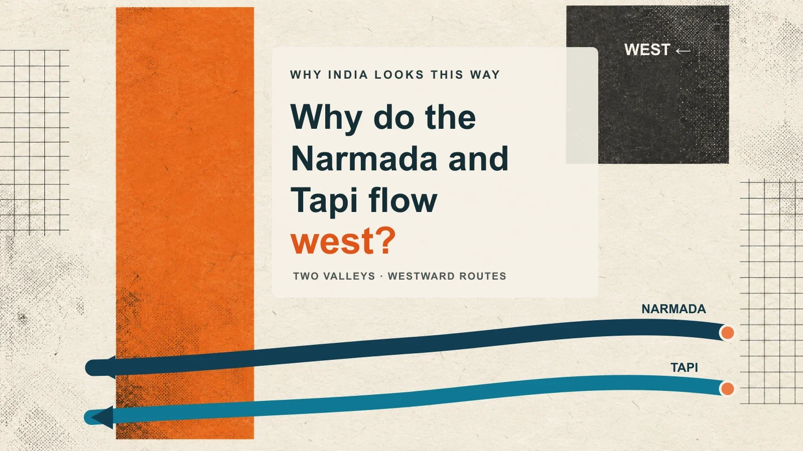 Conceptual illustration of two blue westward river routes, labelled Narmada and Tapi, against a warm paper background. It does not show their exact courses.