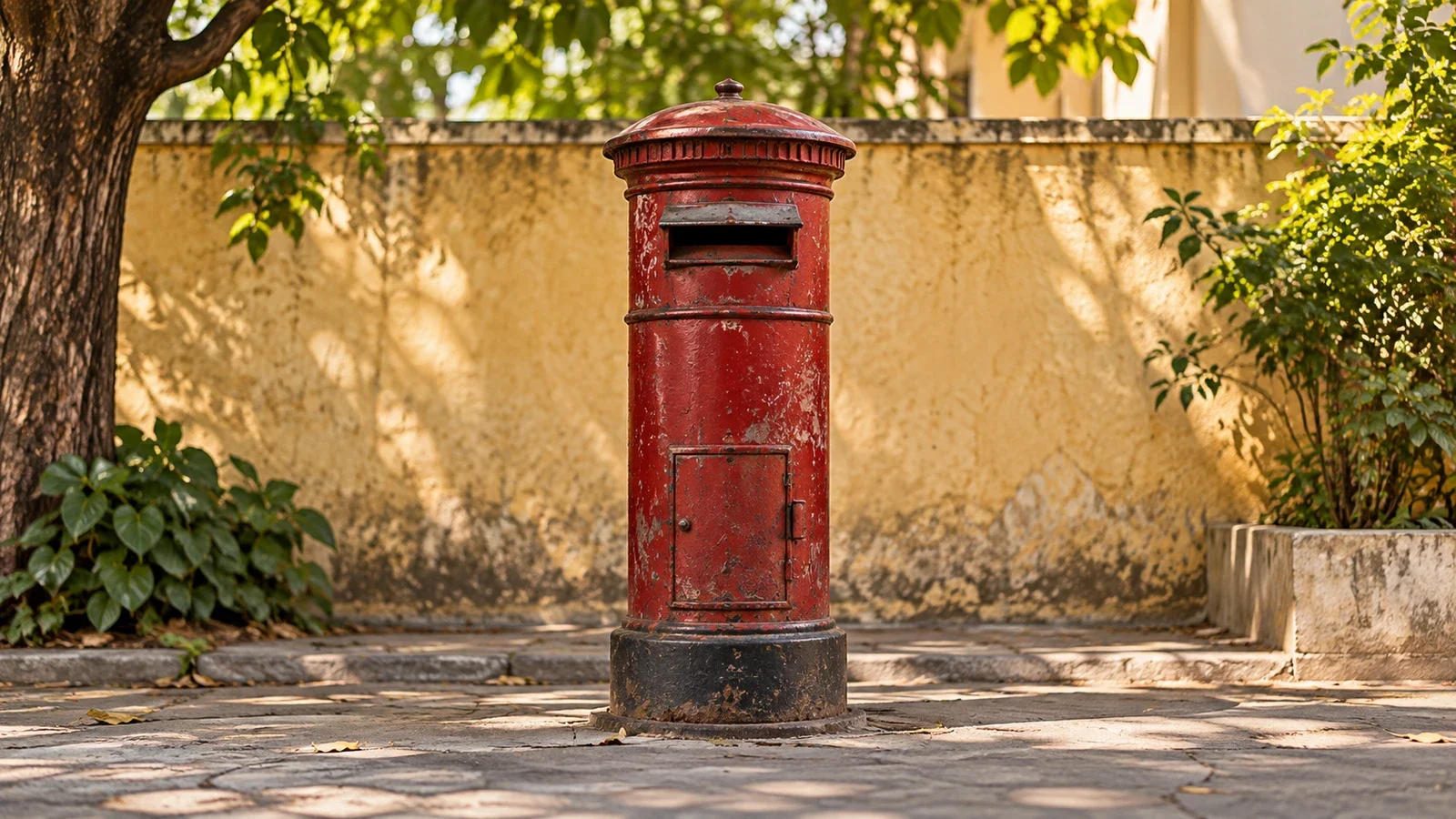 A red pillar postbox beside a sunlit wall and leafy trees.