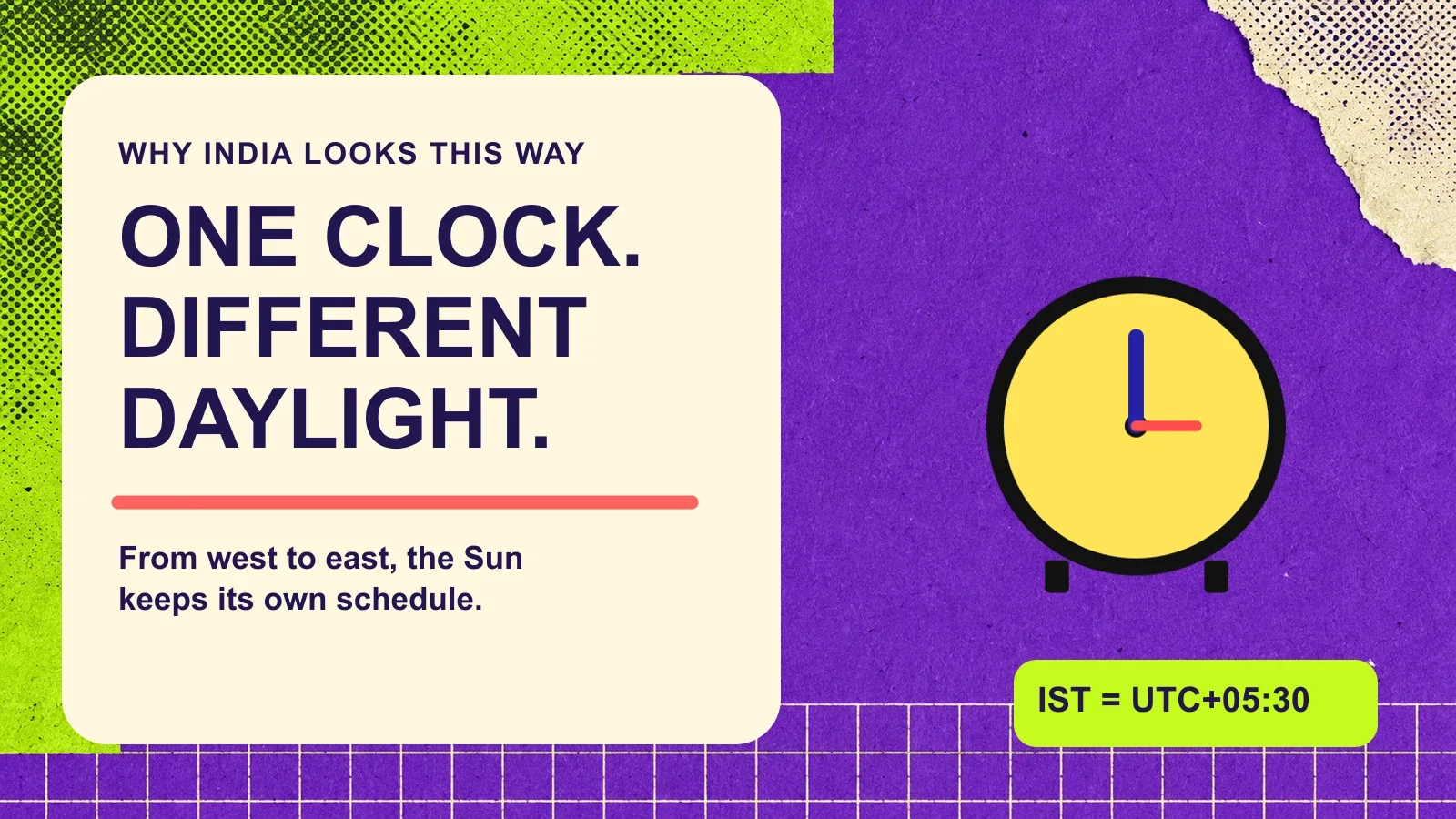 Conceptual clock beside “One clock. Different daylight.” on a violet and lime illustration; IST is shown as UTC+05:30.