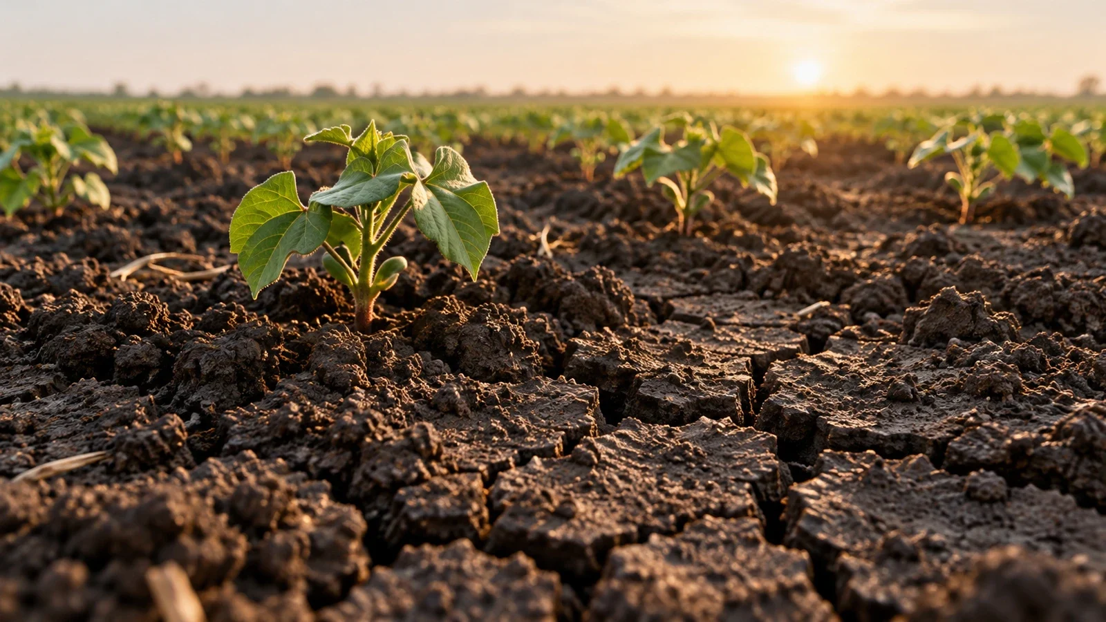 Dark cracked soil with small green plants in soft sunlight.