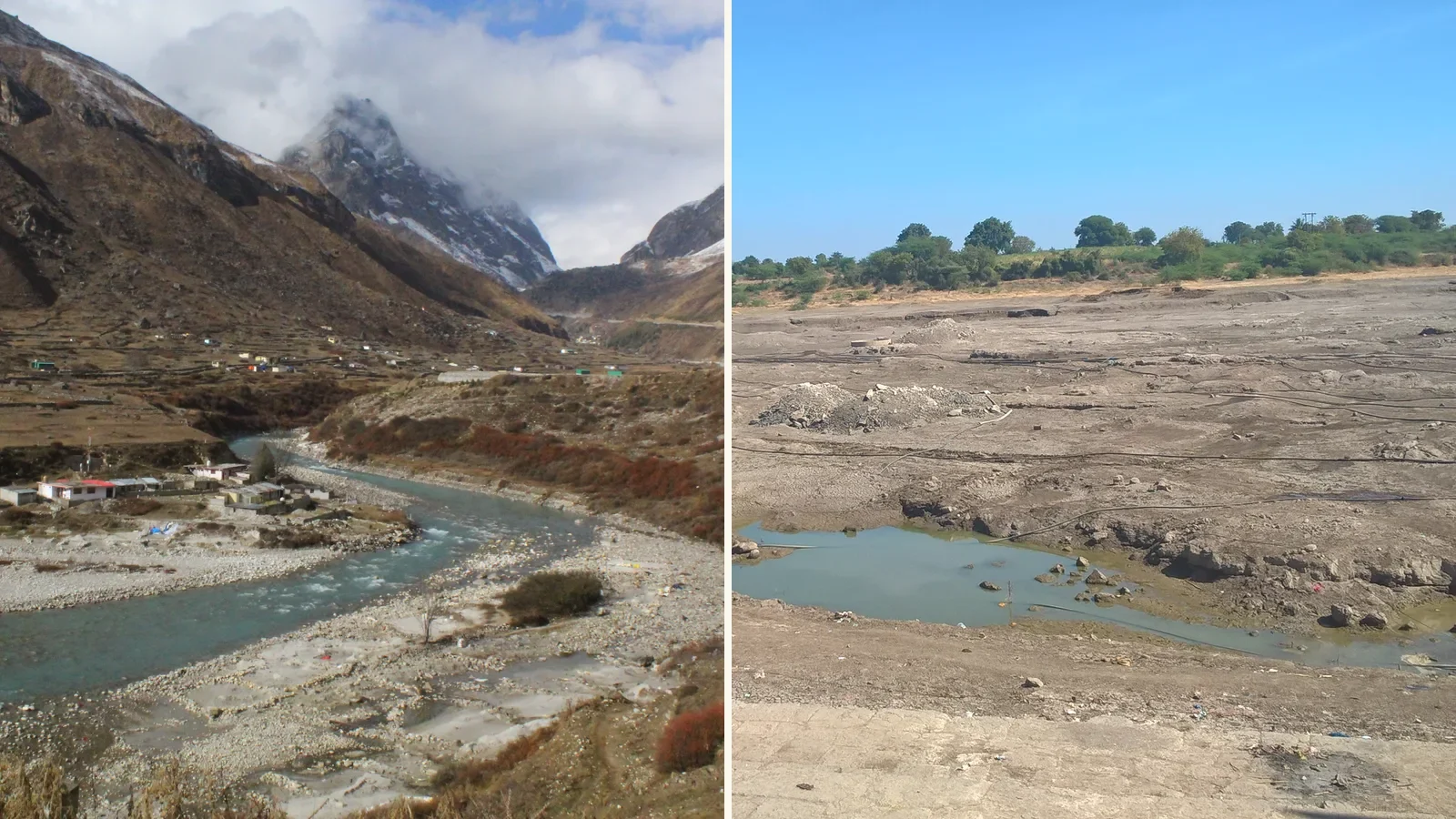 Two photographs shown together. One shows a clear blue-green river winding over a stony bed through a mountain valley with snow-dusted peaks, low cloud and a few small buildings. The other shows a wide, mostly dry riverbed of grey-brown earth and mud with one shallow green pool, trees along the far bank and a clear blue sky.