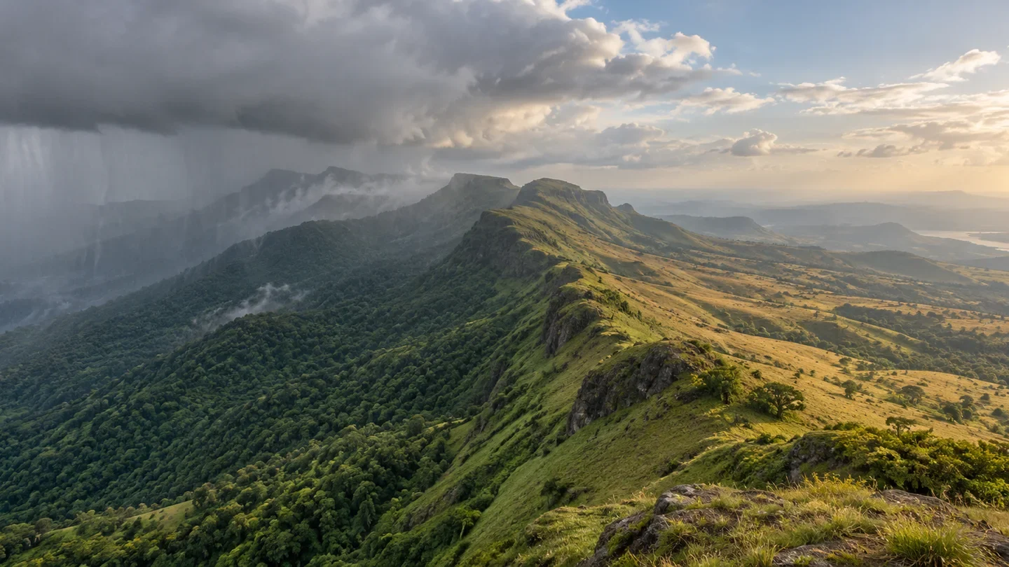 A green mountain ridge beneath dark rain clouds on one side and warm sunlight over a drier grassy landscape on the other.