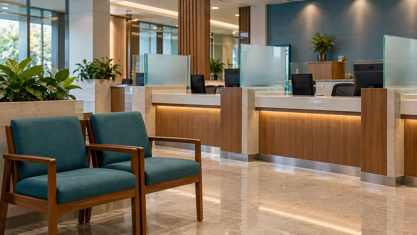 Empty waiting chairs and transaction counters inside a generic bank interior.