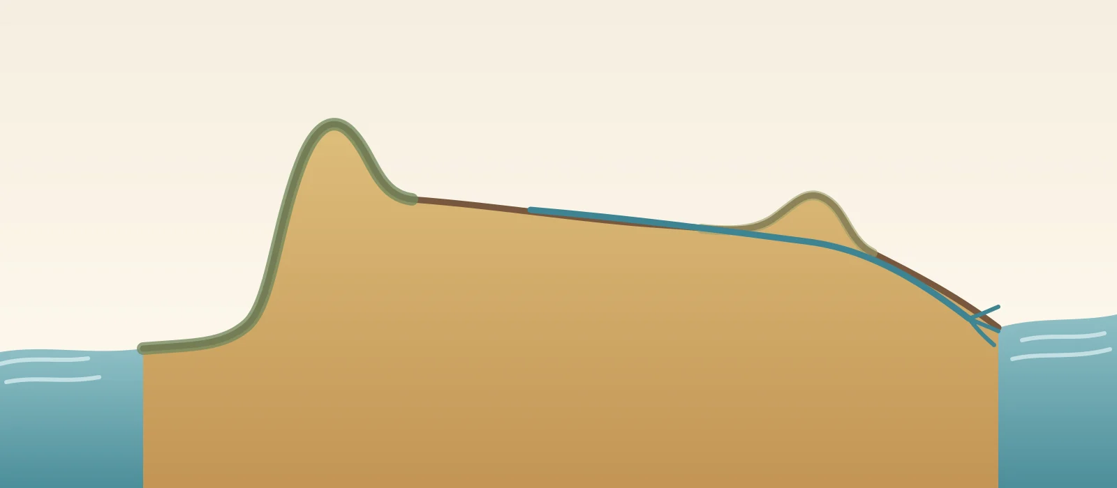 A single west-to-east profile: the Arabian Sea borders a narrow plain below the Western Ghats; the Deccan Plateau descends toward lower eastern hills, a broad coastal plain and a branching river delta at the Bay of Bengal. Schematic, not to scale.