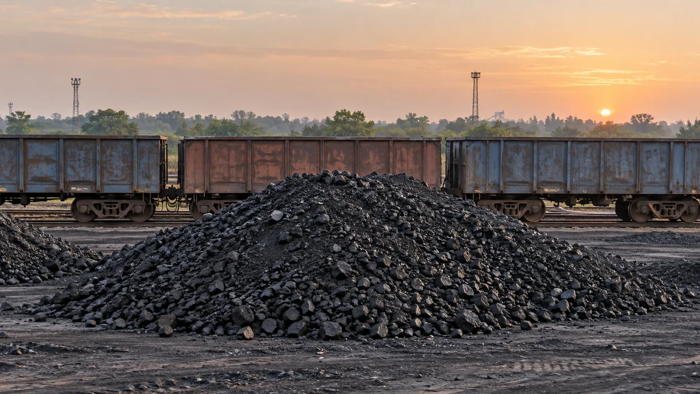 A dark coal stockpile in front of open freight wagons at a rail siding.