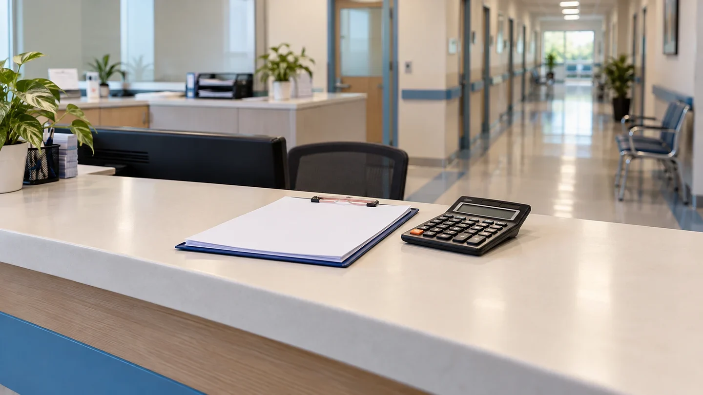 A calculator and blank paper on a hospital reception counter, with a corridor behind.