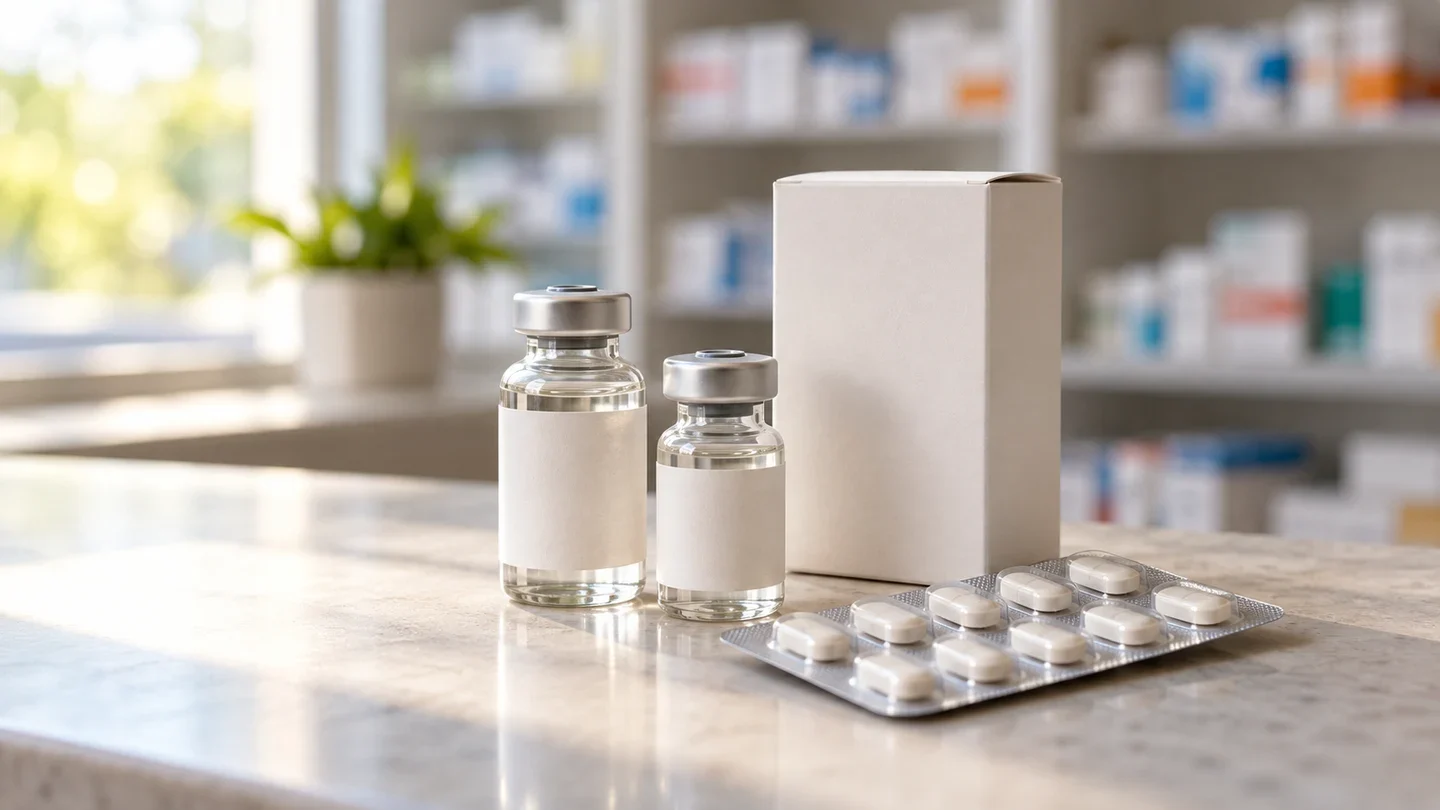 Unlabelled medicine vials, a plain white carton and a blister strip on a sunlit pharmacy counter.