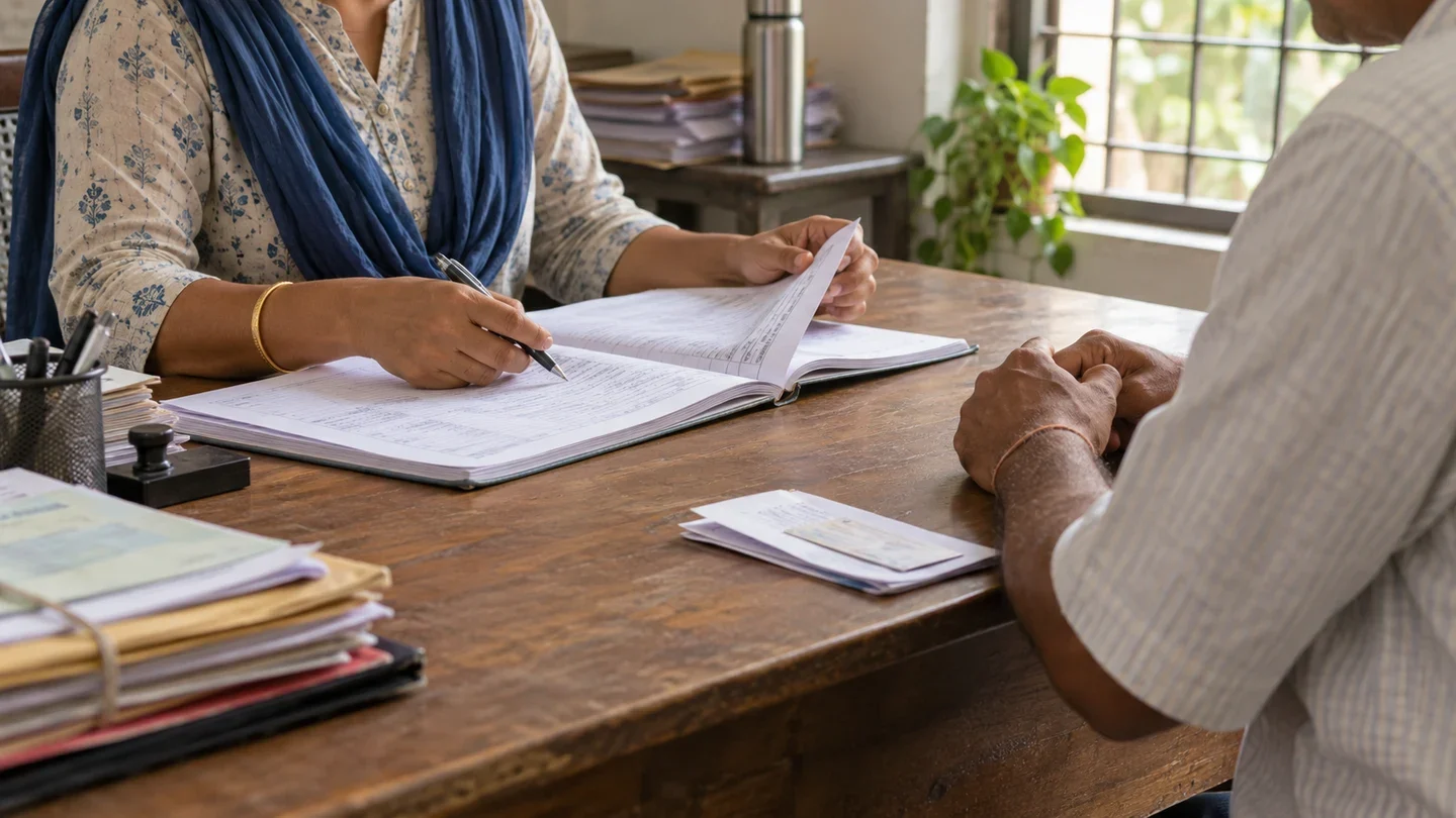 AI-generated illustrative scene of one adult checking a paper register across a desk from another; it does not depict an actual election office or voter record.