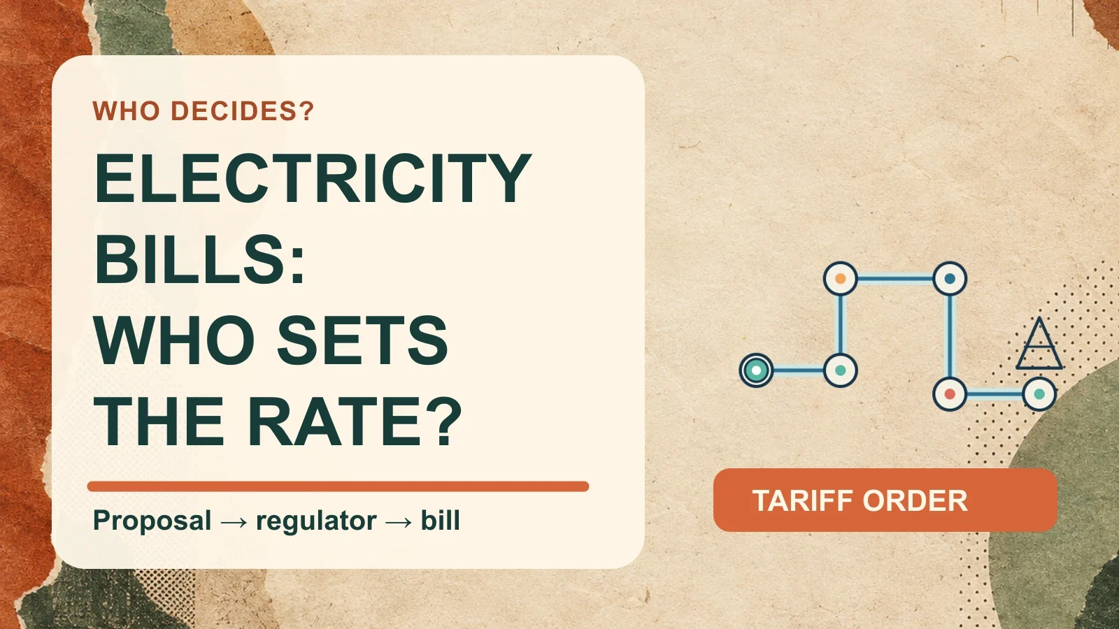 Conceptual electrical network beside “Electricity bills: who sets the rate?” on terracotta and sage paper art.
