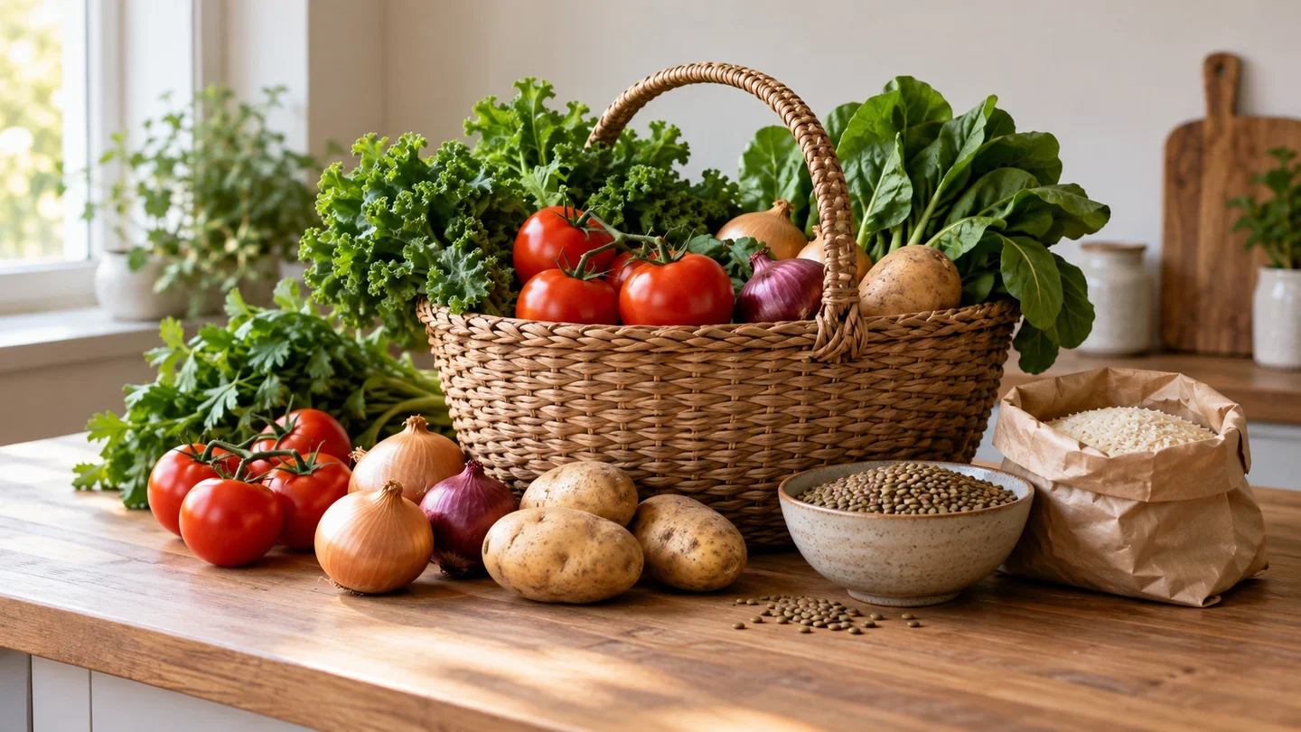 A woven basket of vegetables beside onions, potatoes, lentils and a bag of rice on a wooden counter.