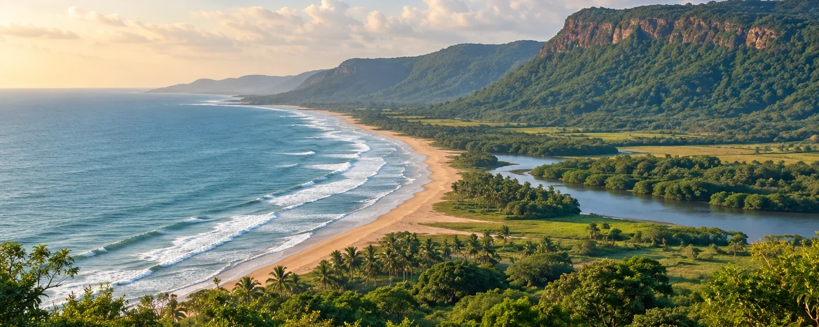 Illustrative view of a green coastal ridge rising close behind a beach and low coastal land.