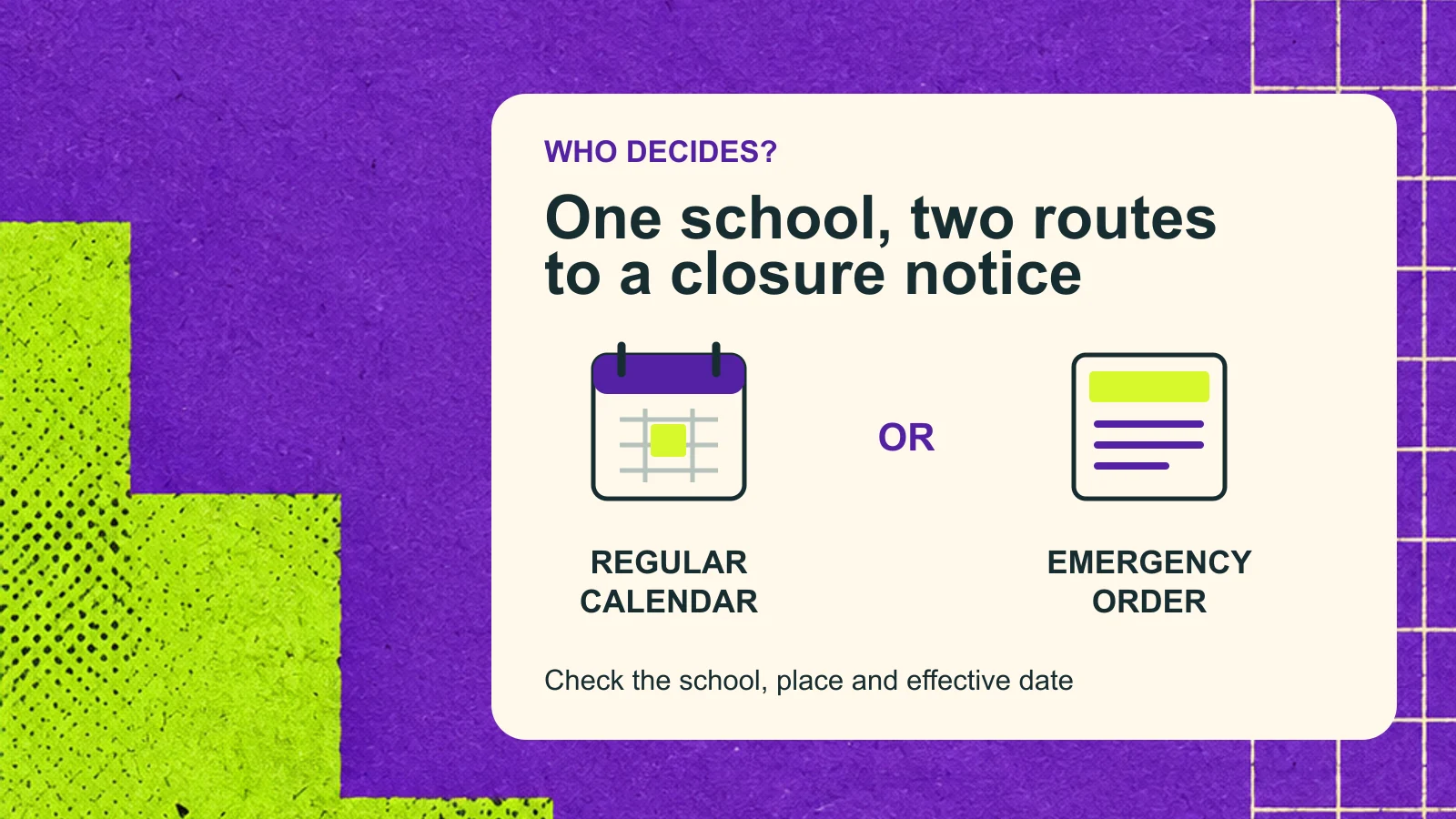 Conceptual school calendar and notice graphic illustrating regular holiday schedules and separate emergency closure orders.
