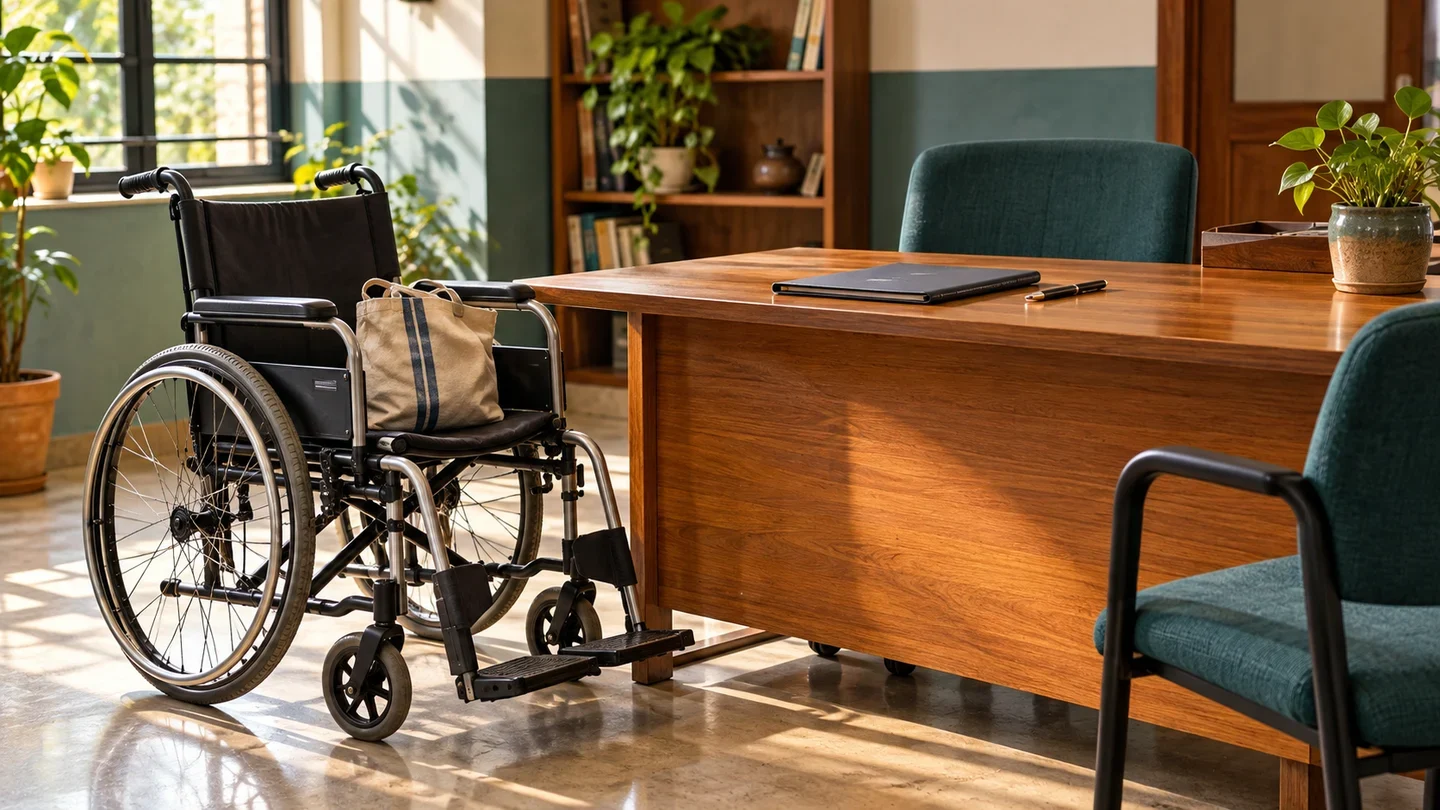 A manual wheelchair with a cloth bag beside a wooden service desk in a generic interior.