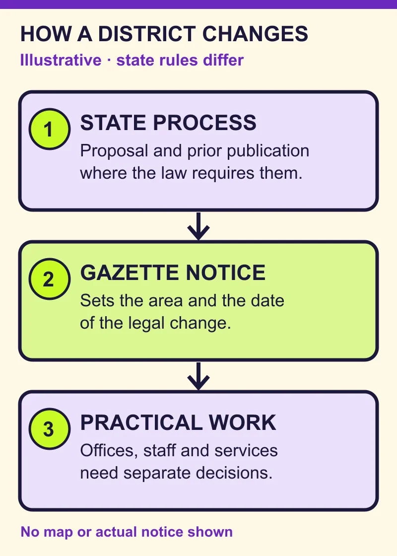 Illustrative three-step process: state proposal and prior publication where required; a Gazette notice setting the area and effective date; separate practical decisions for offices, staff and services. State rules differ.