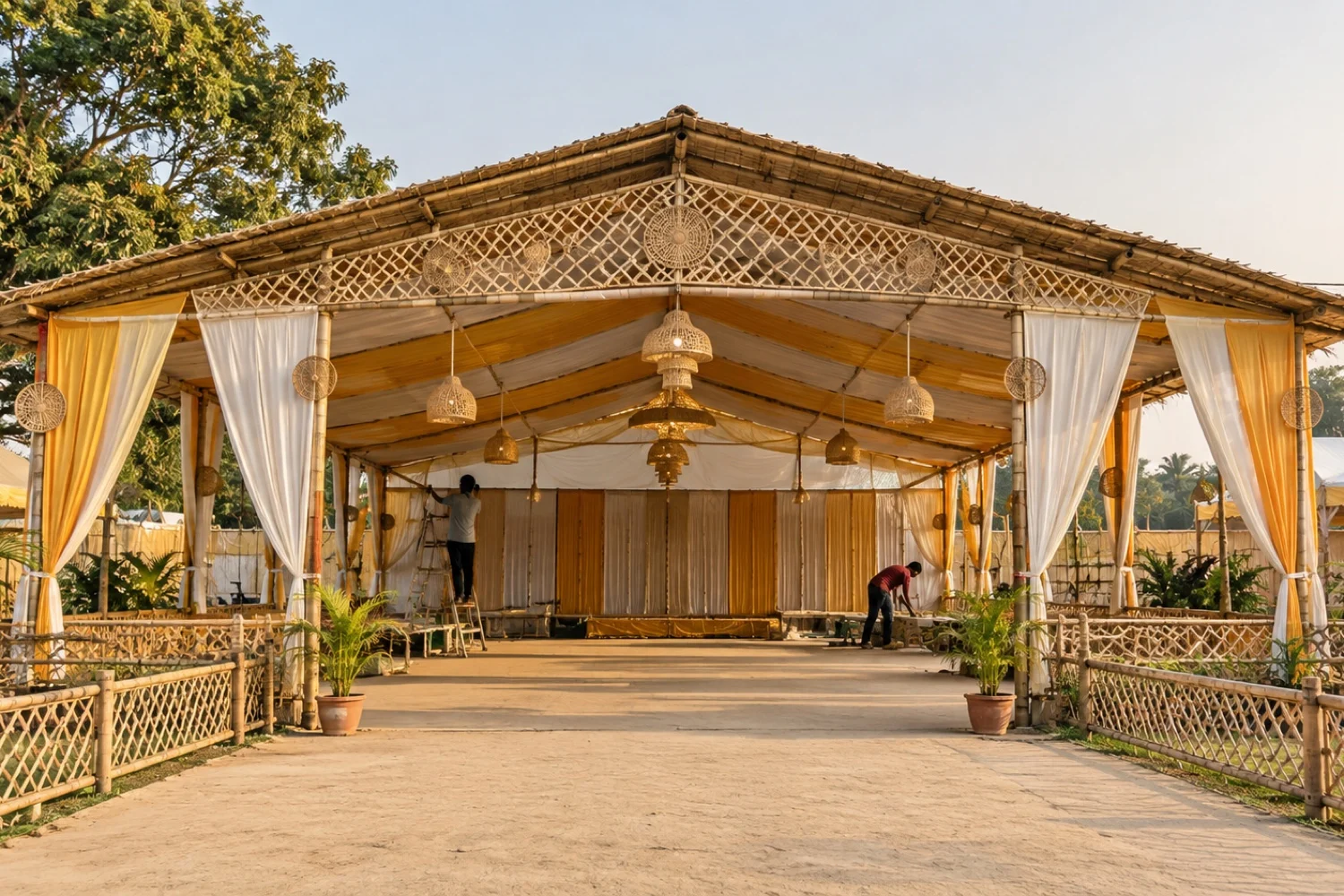 Two workers prepare a decorated temporary pavilion beside an open walkway.