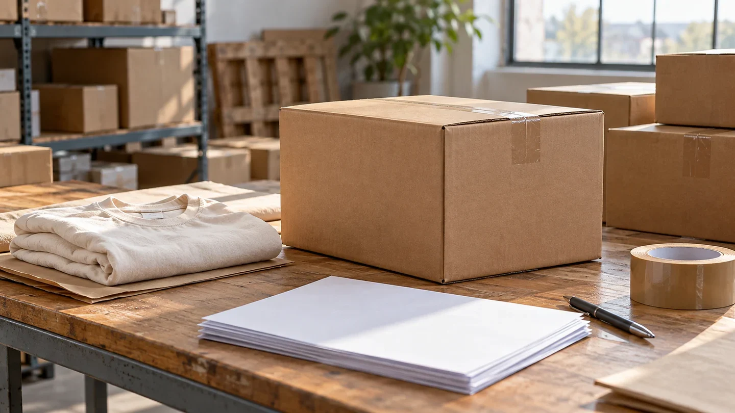 Plain cardboard cartons, folded clothing, blank papers, a pen and packing tape on a warehouse workbench.