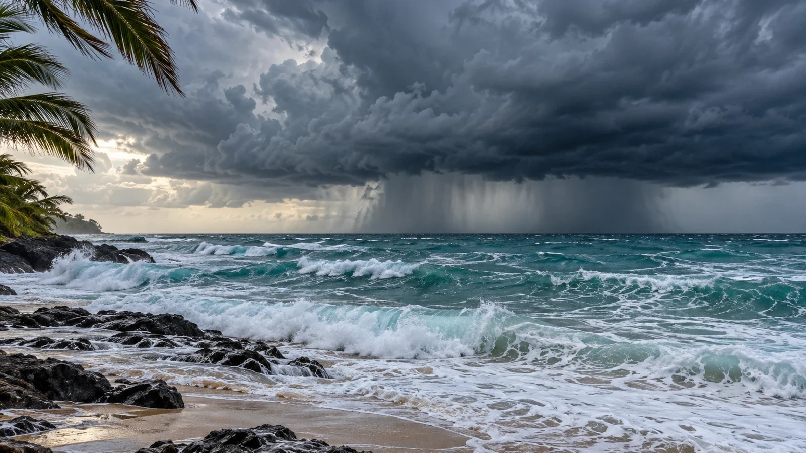 Dark rain clouds above a choppy sea, with palm fronds at the edge.