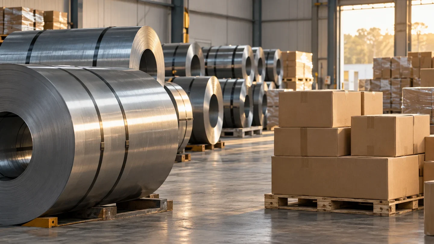 Steel coils and plain cartons stacked on pallets in a sunlit warehouse.