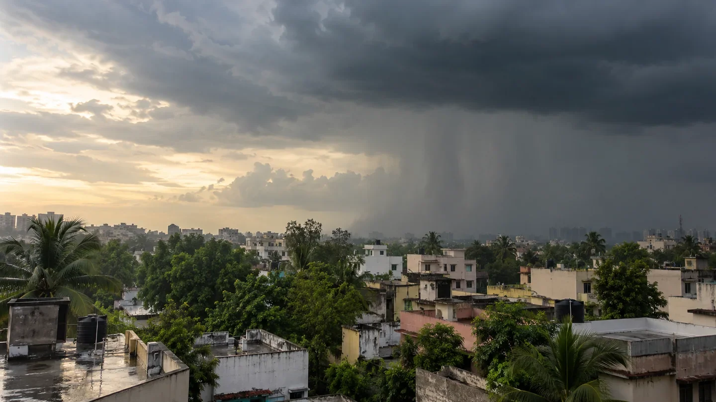 Rain curtain beneath dark clouds beyond trees and low buildings, with sunlight to one side and wet rooftops in the foreground.