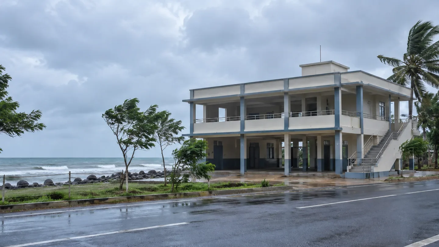 Empty two-storey concrete building beside a coastal road and sea, with wind-bent trees and wet pavement under an overcast sky.