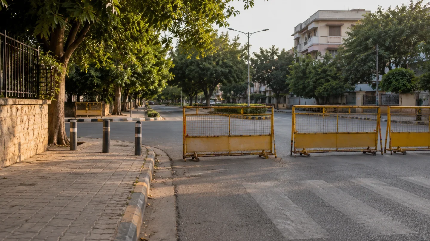 Yellow metal barriers across a quiet tree-lined street, with a clear pavement and low buildings beyond.