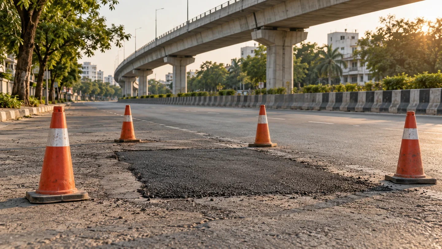 A repaired asphalt patch surrounded by orange safety cones on an empty city road beneath an elevated roadway.