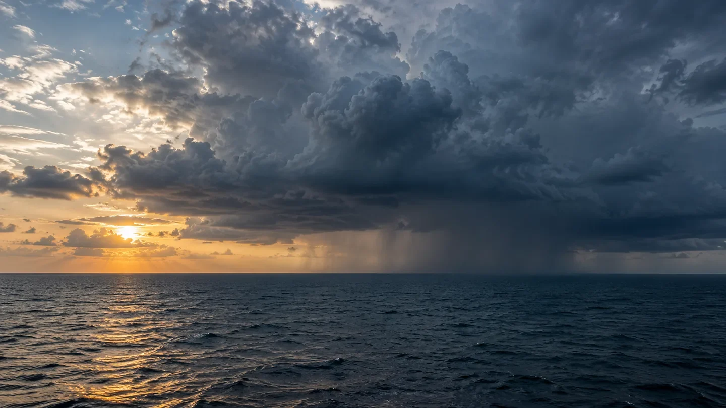 Dark rain clouds and a distant curtain of rain over open sea, with sunlight breaking through clouds on the left.