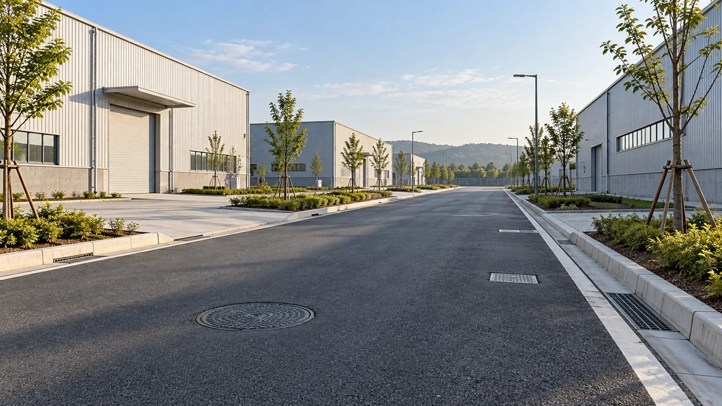 A paved road with drainage and utility covers between plain industrial buildings and young trees.