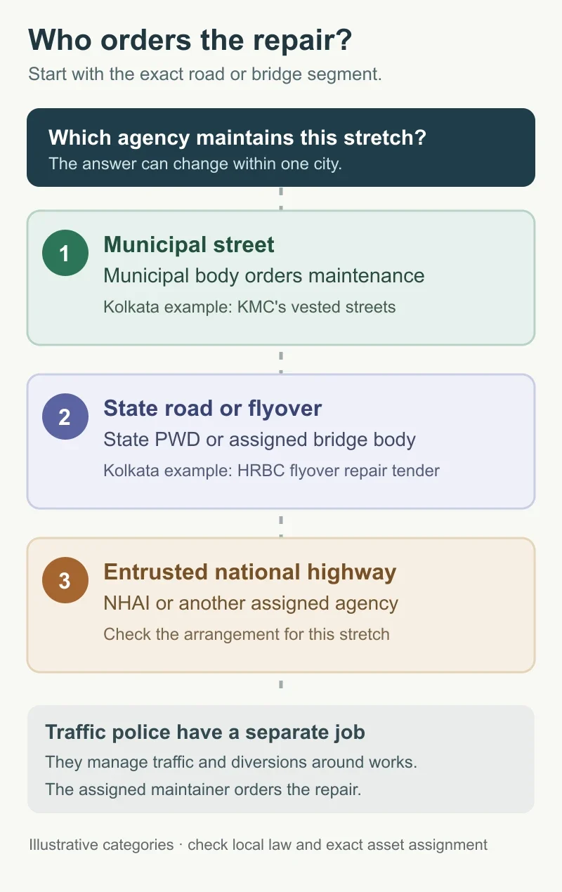Illustrative guide showing municipal streets, state roads or flyovers, and entrusted national highways leading to their assigned maintaining agencies, with traffic police handling movement separately.