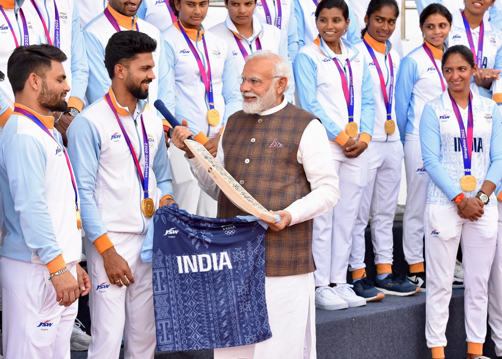 Indian Asian Games medal winners with Prime Minister Narendra Modi in New Delhi on 10 October 2023.