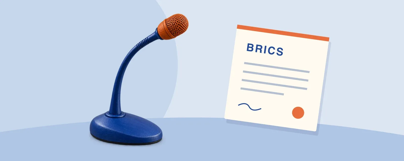 A cobalt and orange conference microphone beside an illustrated agreement document, representing diplomatic voice and negotiated consensus.
