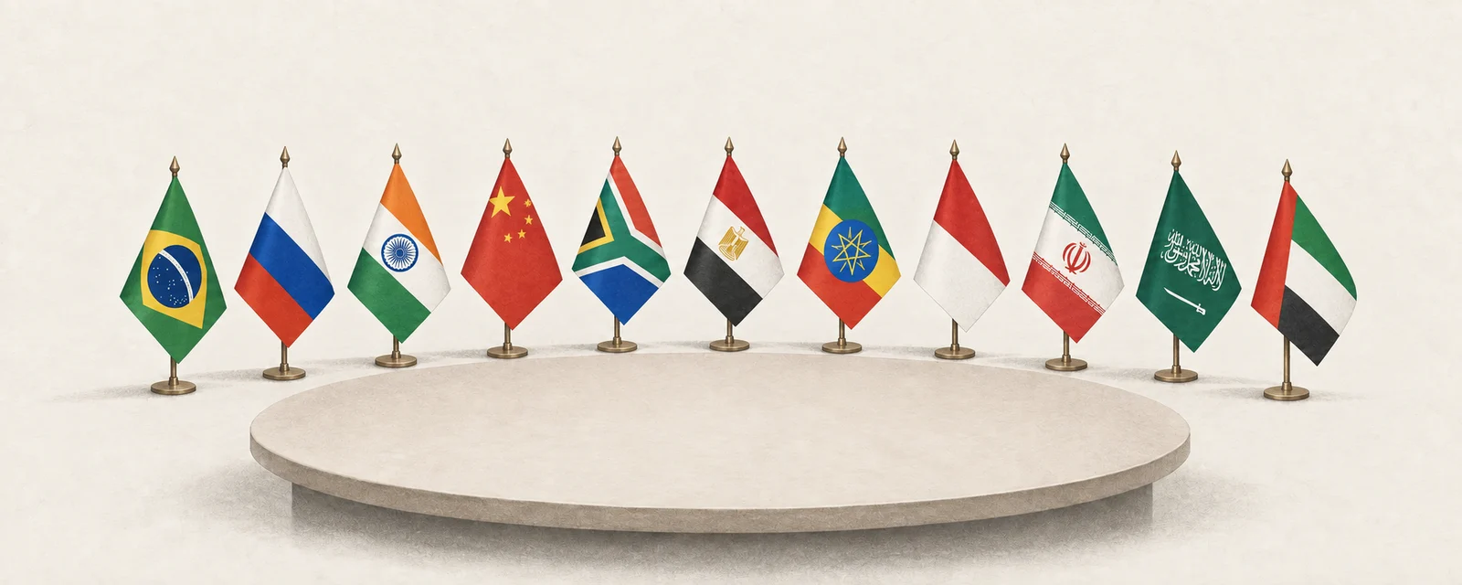 The national flags of the eleven BRICS members arranged around an empty circular meeting table.