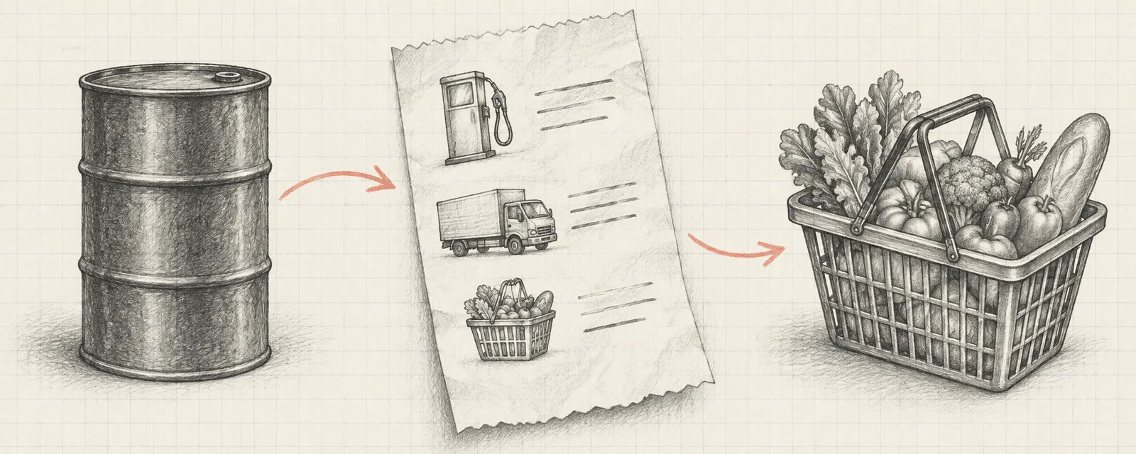 Pencil drawings of an oil barrel, a receipt and a grocery basket connected by coral arrows.