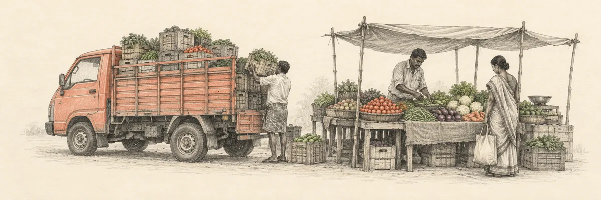 An illustrated goods truck delivers vegetable crates beside an Indian market stall.