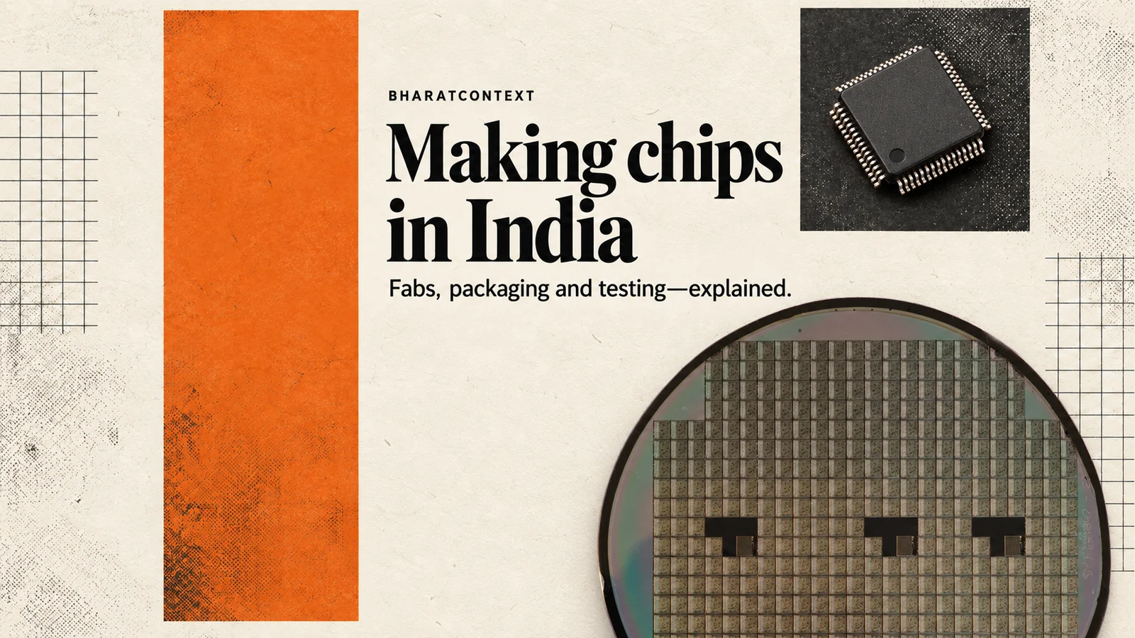 Editorial collage with the headline Making chips in India, a silicon wafer and a chip on cream paper with orange and charcoal blocks.